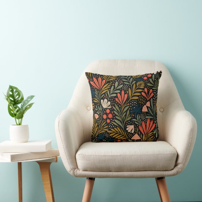 Dark Botanical Folk Floral garden Pattern  Throw Pillow (Chair)