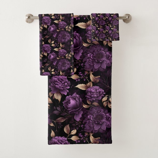 Dark Botanical Gothic Violet And Gold Pattern Bath Towel Set (Insitu)