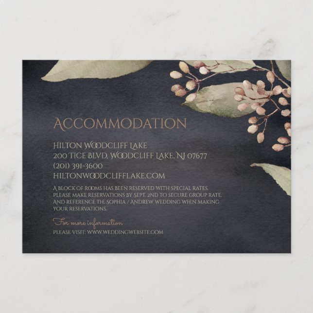 Dark botanical greenery rustic accommodation enclosure card (Front)