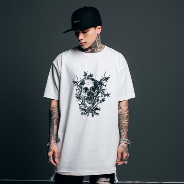 Dark Botanical Skull & Crossbones Engraving Sketch T-Shirt (Creator Uploaded)