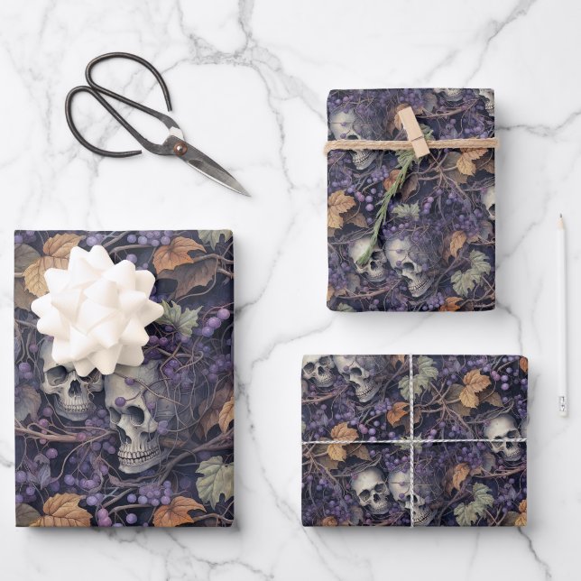 Dark Botanical Skull Halloween Wrapping Paper Sheet (Front)