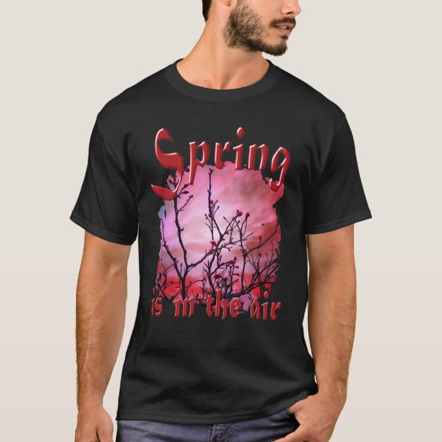Dark Branches Red Buds And Fiery Sky T-Shirt (Front)