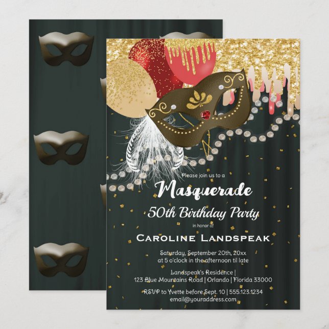 Dark Bronze Metallic Mask Masquerade 50th Birthday Invitation (Front/Back)
