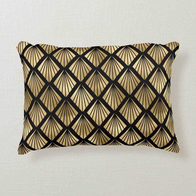 Dark Brown and Gold Art Deco Patterned Accent Pillow (Front)