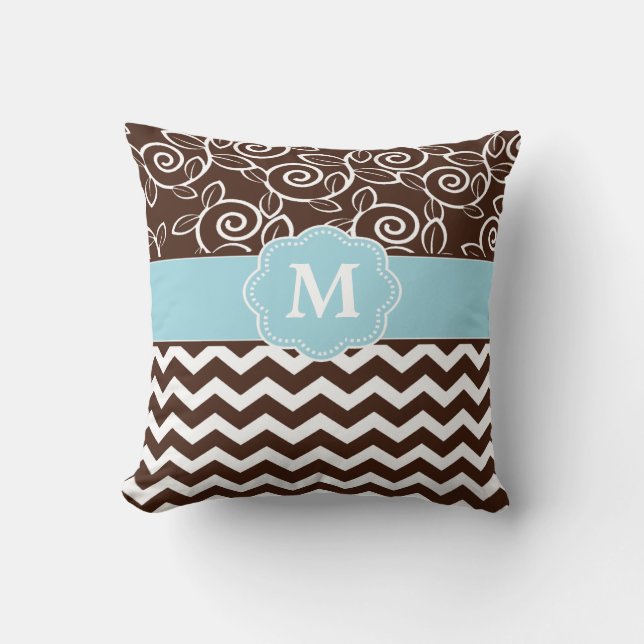 Dark Brown and Light Blue Chevron Monogram Throw Pillow (Front)
