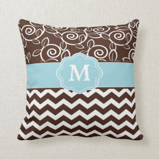 Dark Brown and Light Blue Chevron Monogram Throw Pillow