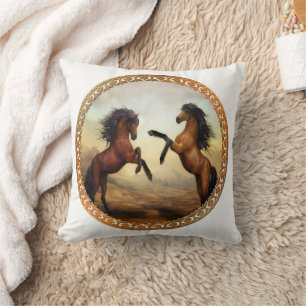 Dark Brown And Light Brown Friesian Draught Horses Throw Pillow