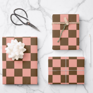 Dark Brown and Light Pink Chequerboard Wrapping Paper Sheet
