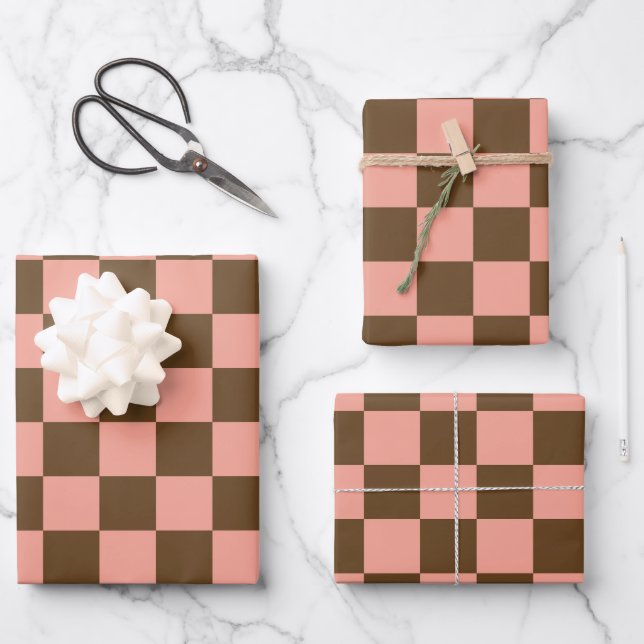 Dark Brown and Light Pink Chequerboard Wrapping Paper Sheet (Front)