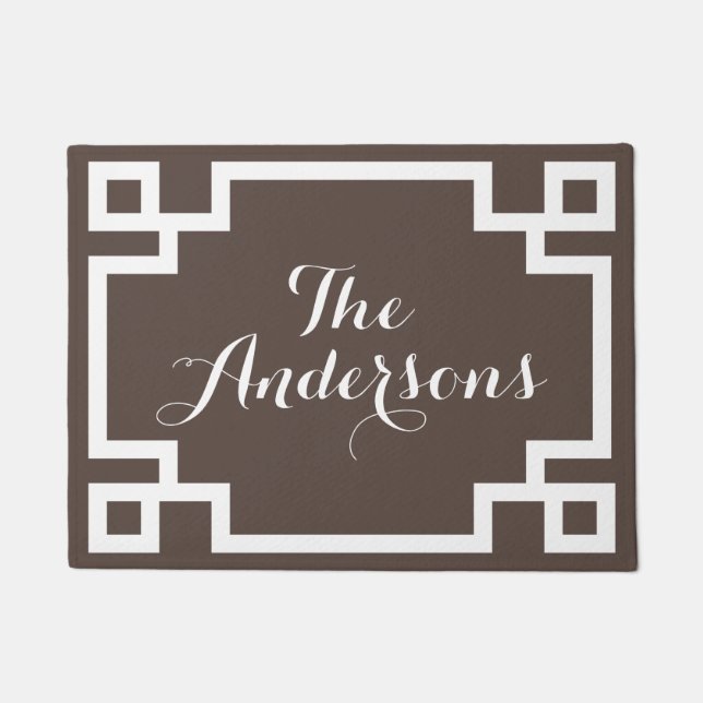 Dark Brown and White Greek Key Monogram Doormat (Front)