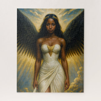 Dark Brown Angel Woman With Black Wings Jigsaw Puzzle