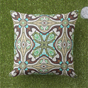 Dark Brown Aqua Turquoise Blue Green Tribal Art Outdoor Pillow