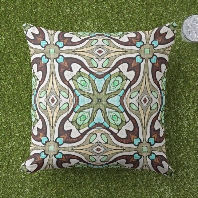 Dark Brown Aqua Turquoise Blue Green Tribal Art Outdoor Pillow (Grass)