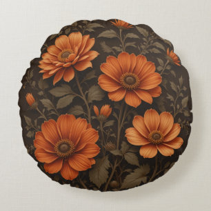 Dark brown background and burnt orange flowers round pillow
