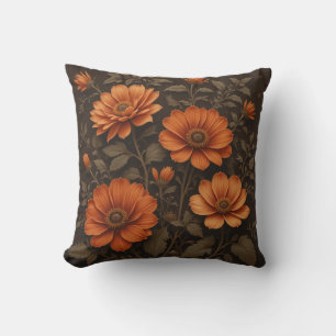 Dark brown background and burnt orange flowers throw pillow