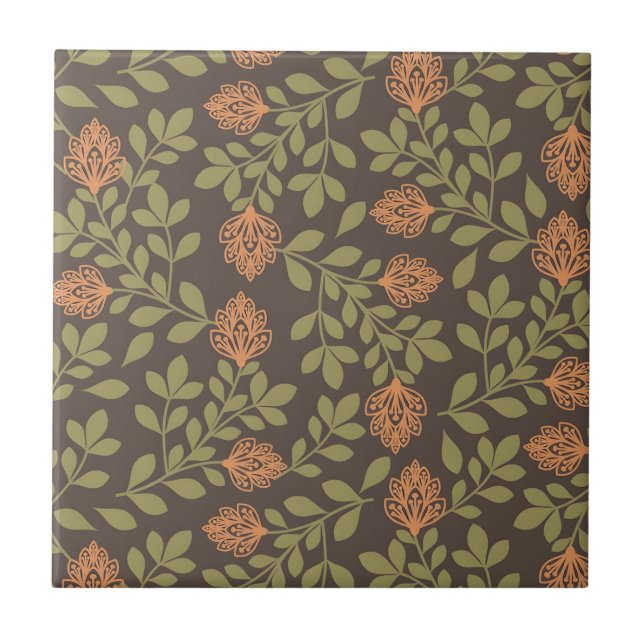 Dark Brown Background with Vibrant Floral Patterns Tile (Front)