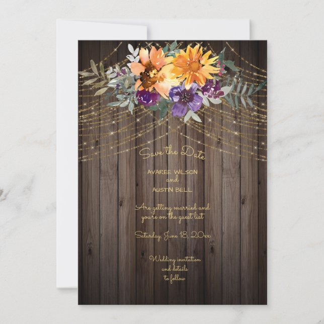 Dark Brown Barnboard String Lights Sunflowers Save The Date (Front)