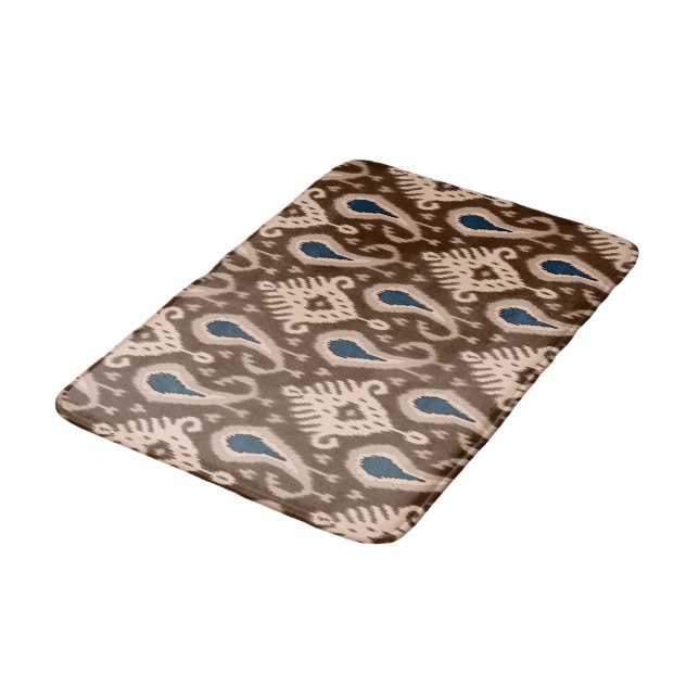 Dark Brown Blue Bohemian Ikat Tribal Pattern Bath Mat (Angled)