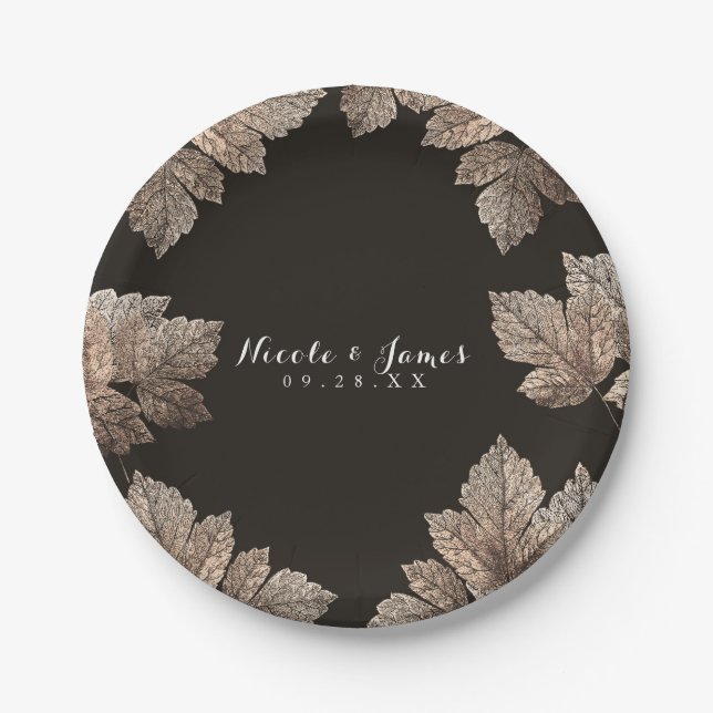Dark Brown & Bronze Leaves Rustic Custom Fall Paper Plate (Front)