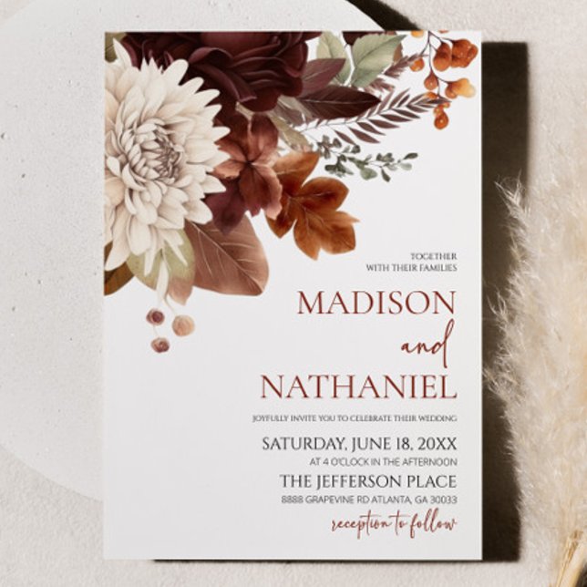 Dark Brown Burgundy Floral Flowers Wedding Invitation (Creator Uploaded)
