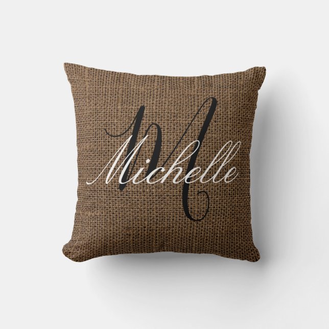 Dark Brown Burlap look Monogram Personalized Name Throw Pillow (Front)