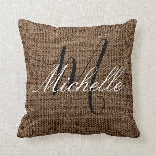 Dark Brown Burlap look Monogram Personalized Name Throw Pillow