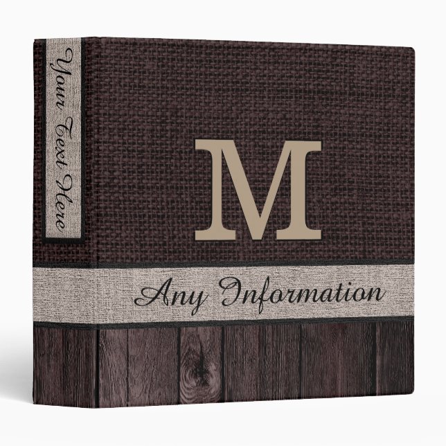 Dark Brown Burlap Rustic Jute Look Wood Binder (Front/Spine)