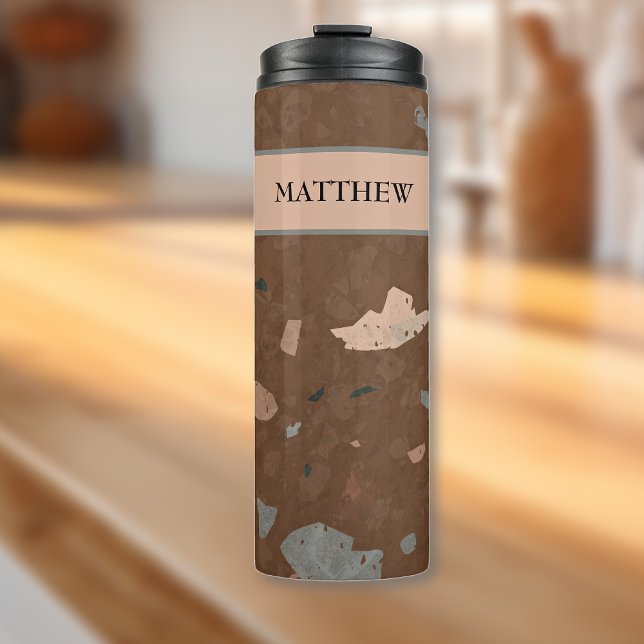 Dark Brown & Earth Tones Terrazzo Pattern 12oz Thermal Tumbler (Creator Uploaded)