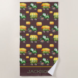 Dark Brown Farm Watercolor Green Tractor Kids Beach Towel