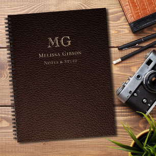 Dark Brown Faux Leather Gold Monogrammed Notebook