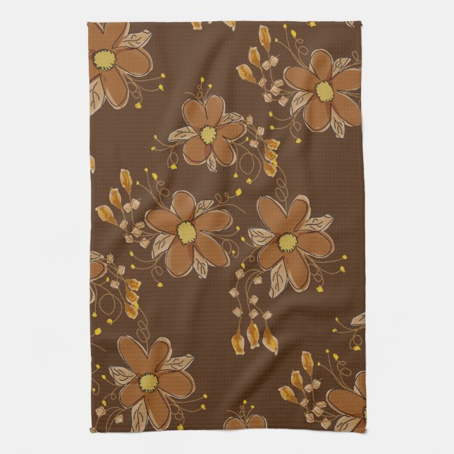 Dark Brown Flower Patterned Kitchen Towel (Vertical)