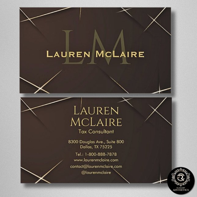 Dark Brown & Gold Accent Monogram Business Card (Creator Uploaded)