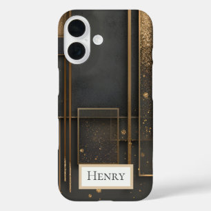 Dark Brown & Gold Geometric iPhone 16 Case