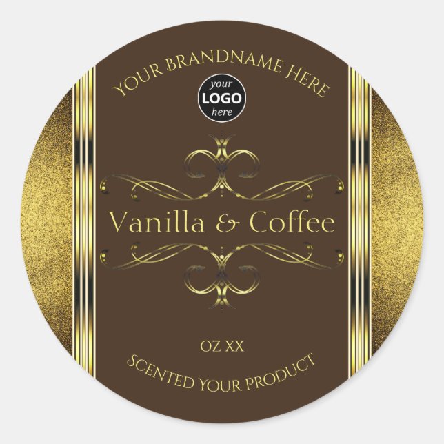 Dark Brown Gold Glitter Borders Product Label Logo (Front)