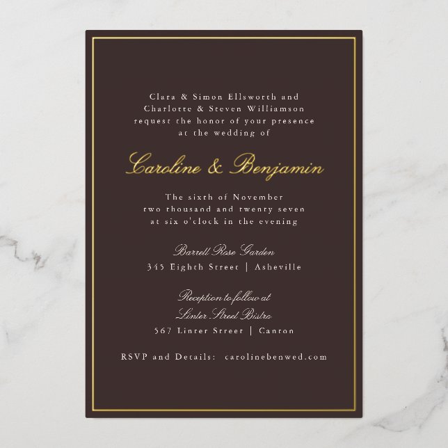 Dark Brown Gold Script Formal Wedding Elegant (Front)