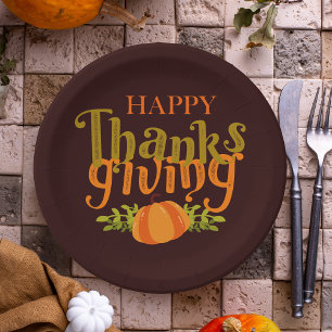 Dark Brown Happy Thanksgiving Fall Yellow Pumpkin Paper Plate