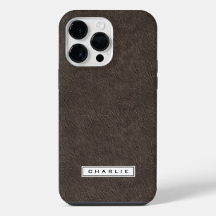 Dark brown leather printed image custom name iPhone 14 pro max case