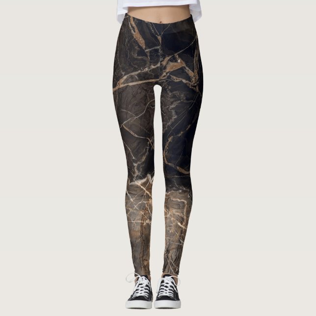 Dark Brown Marble Gold Veins Leggings (Front)