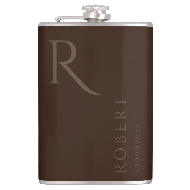 Dark Brown Masculine Monogram Groomsmen Gift Hip Flask (Front)