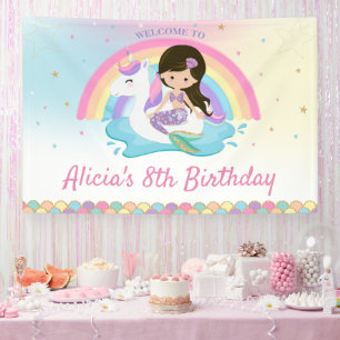 Dark Brown Mermaid Unicorn Pool Birthday Welcome Banner