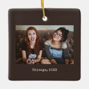 Dark Brown Minimalist Photo Keepsake Christmas Ceramic Ornament