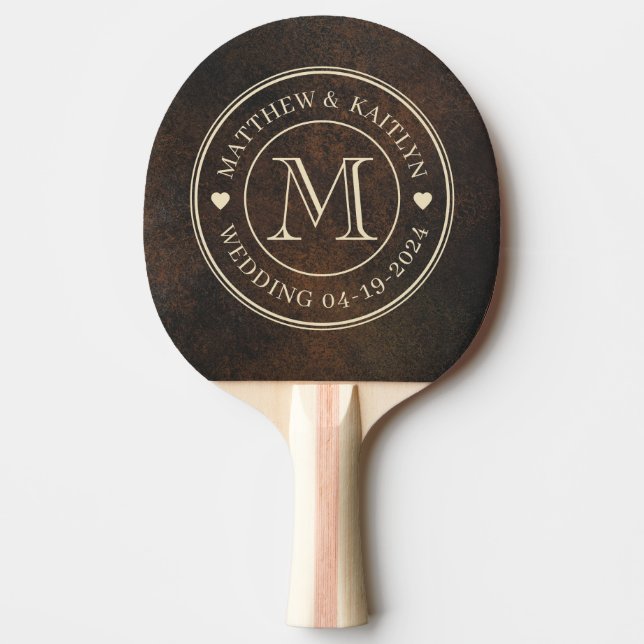 Dark Brown Monazite Stone Wedding Monogram Heart Ping Pong Paddle (Front)