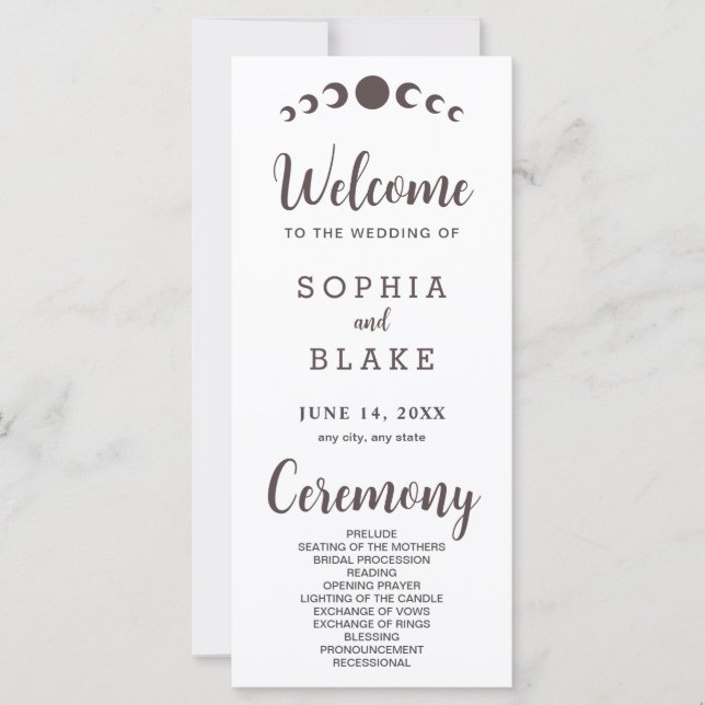 Dark Brown Moon Phases White Wedding Program (Front)