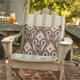 Dark Brown Navy Blue Ikat Tribal Art Pattern Outdoor Pillow