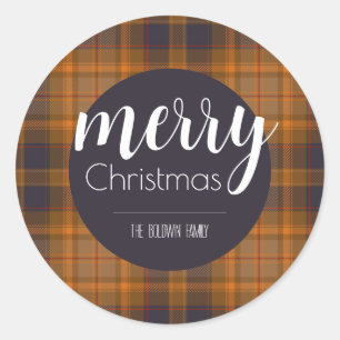 Dark Brown   Orange Tartan Plaid Classic Round Sticker