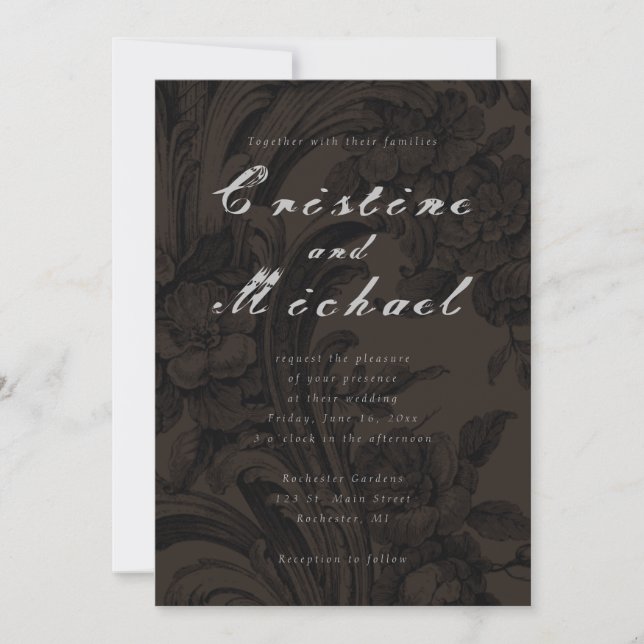 Dark brown ornamental elegant script wedding invitation (Front)