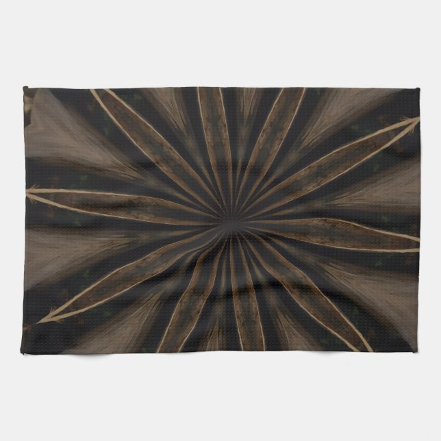 Dark Brown Rustic Kaleidoscopic Flower Art Kitchen Towel (Horizontal)