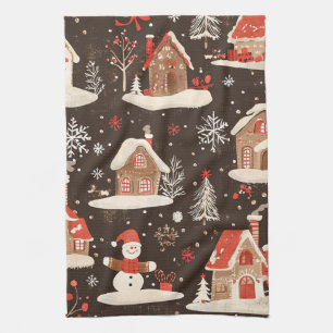 Dark Brown Snowy Christmas Village Red Green Kitchen Towel
