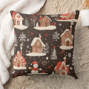 Dark Brown Snowy Christmas Village Red Green Throw Pillow