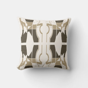 Dark Brown Taupe on White Curved Symmetrical Motif Throw Pillow